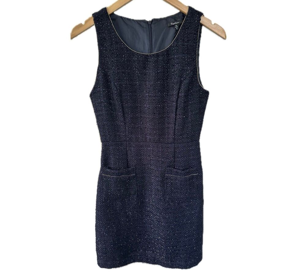 Monteau Navy Metallic Tweed Gold Hardware Trim Front Open Pockets Shift Dress S